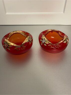 Vintage Arco Japan Orange/Red Hand Painted Glass Ashtray Floral -  Lot of 2